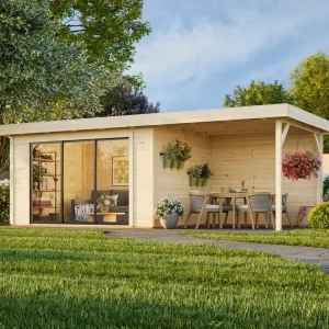 Super-Preis Gartenhaus Rheinau 2 PLUS 10,8 + 7,6 m² mit Schiebetür und Anbau