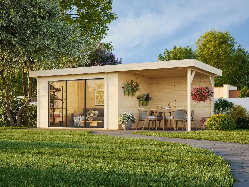 Super-Preis Gartenhaus Rheinau 2 PLUS 10,8 + 7,6 m² mit Schiebetür und Anbau